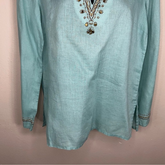 Size 6 Rafaella Linen Blouse Top Mint Teal Beaded Sequined Boho Bohemian - Picture 4 of 14